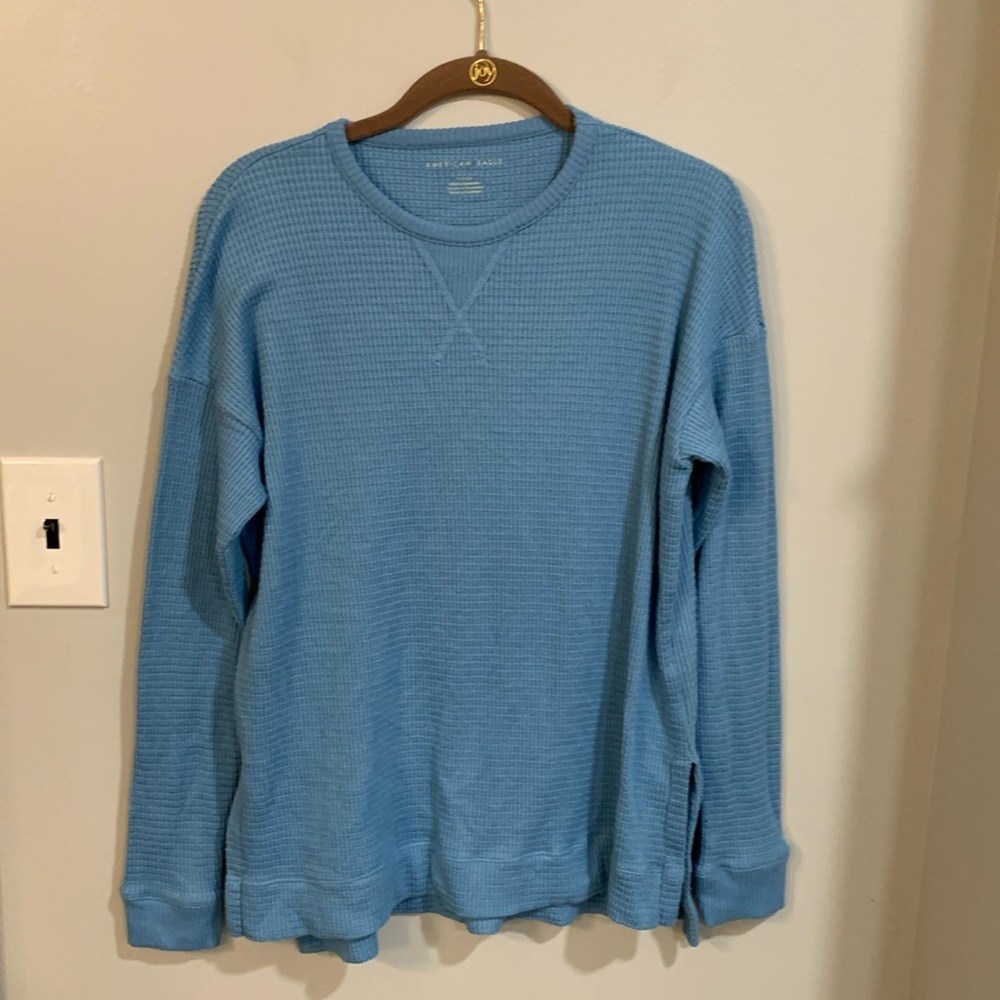 American Eagle Super Soft Blue Waffle Knit Crewneck Long Sleeve Pullover Shirt